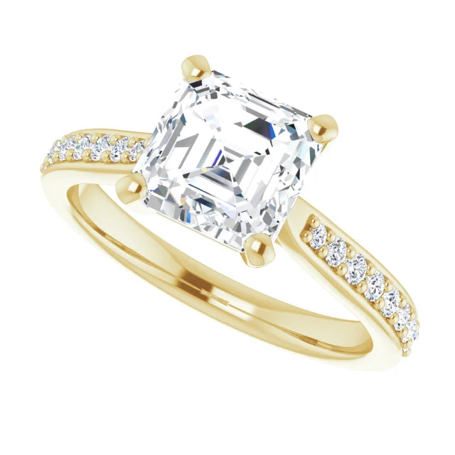 2 CT Accented Shank Asscher Diamond engagement Ring for women yellow gold sideway picture showing diamond on the shank and showing center stone 