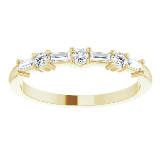 Round and Baguette diamond wedding band for women on yellow gold