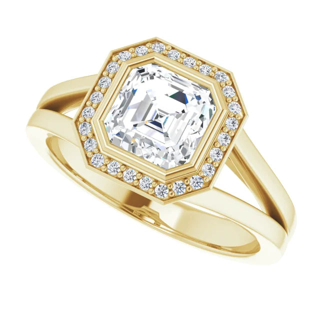 1 CT Bezel set Halo Style Asscher Diamond Engagement Rings for Women yellow gold sideway picture showing center stone and halo style