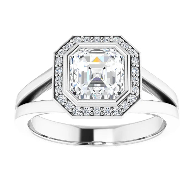 1 CT Bezel set Halo Style Asscher Diamond Engagement Rings for Women white gold showing center stone 