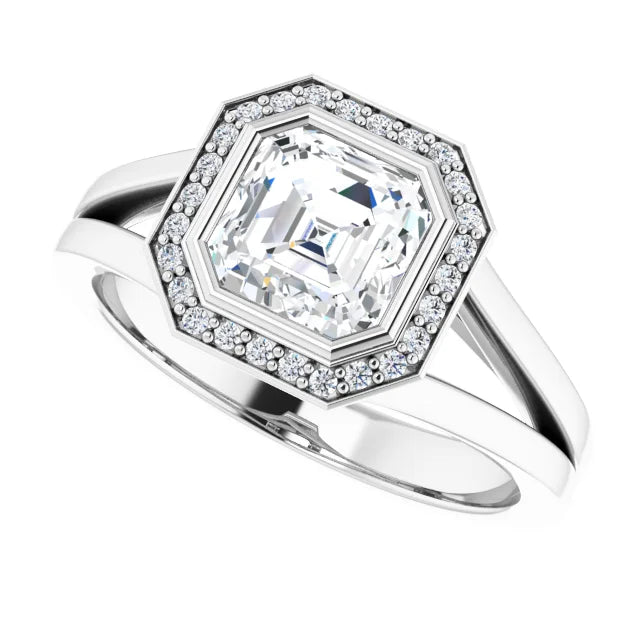 1 CT Bezel set Halo Style Asscher Diamond Engagement Rings for Women white gold sideway picture showing halo and center stone 