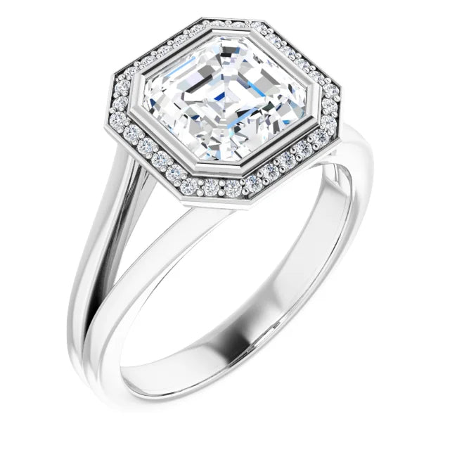 2 CT Bezel set Halo Style Asscher Diamond Engagement Rings for Women on white gold picture from the side of the ring 