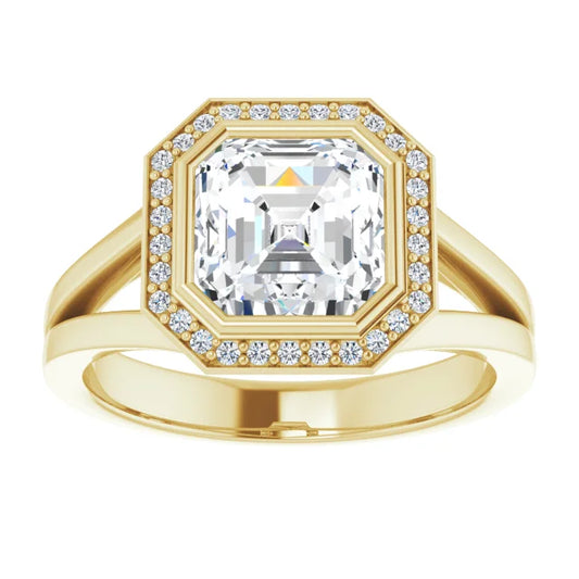 2 CT yellow gold Bezel set Halo Style Asscher Diamond Engagement Rings for Women 