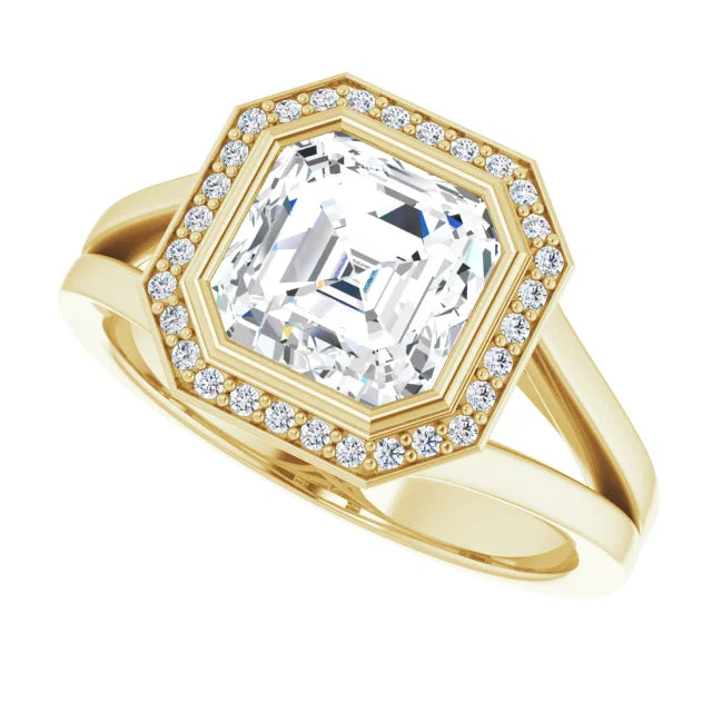 2 CT Bezel set Halo Style Asscher Diamond Engagement Rings for Women yellow gold sideway picture showing diamonds