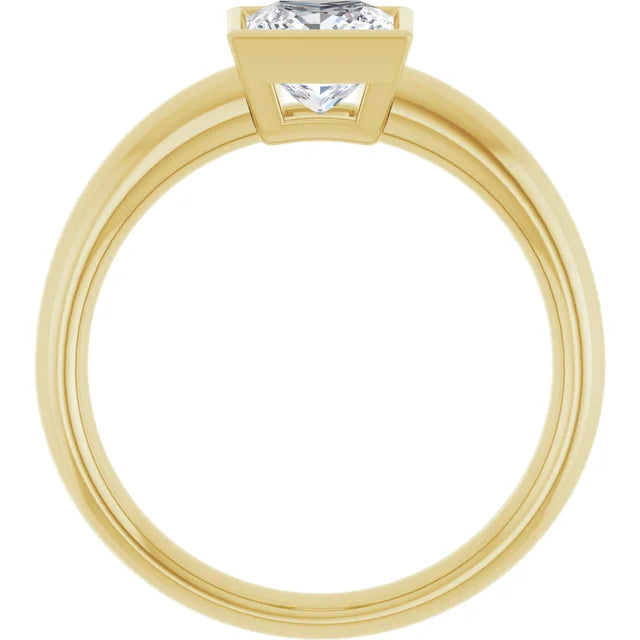 bezel Set Princess Cut Diamond Engagement Ring on yellow gold showing under gallery 