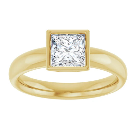 bezel Set Princess Cut Diamond Engagement Ring  on Yellow gold showing center stone 