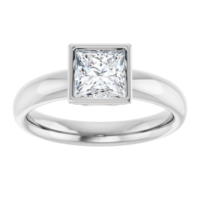 bezel Set Princess Cut Diamond Engagement Ring on White gold