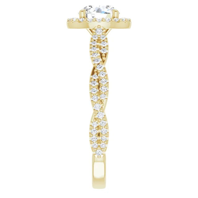 accented shank Halo Style Lab Grown Diamond Engagement Ring Yellow Gold showing diamond on the shanks 