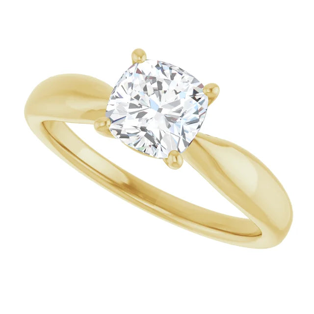 1 CT Cushion cut diamond solitaire engagement ring for women on yellow gold showing center stone from the side 