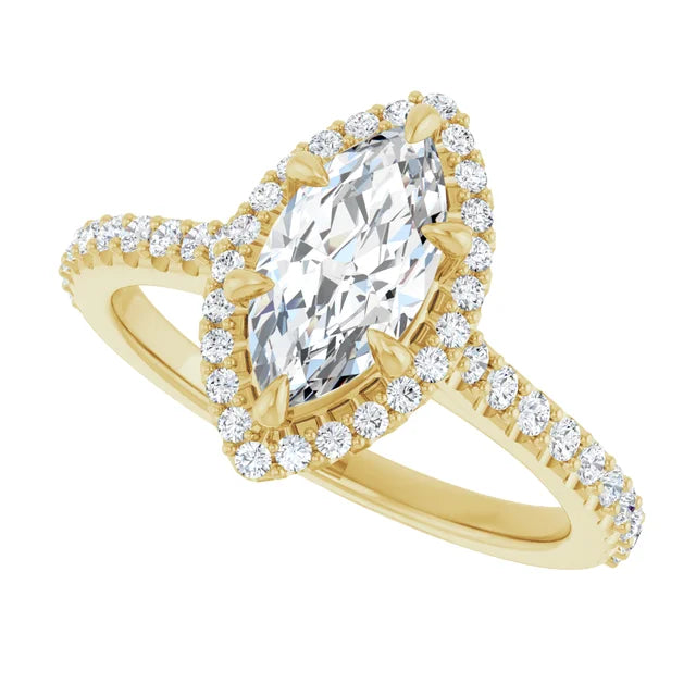 1 1/3 Halo Style Accented Marquise Diamond Engagement Ring on yellow gold sideway picture showing diamond