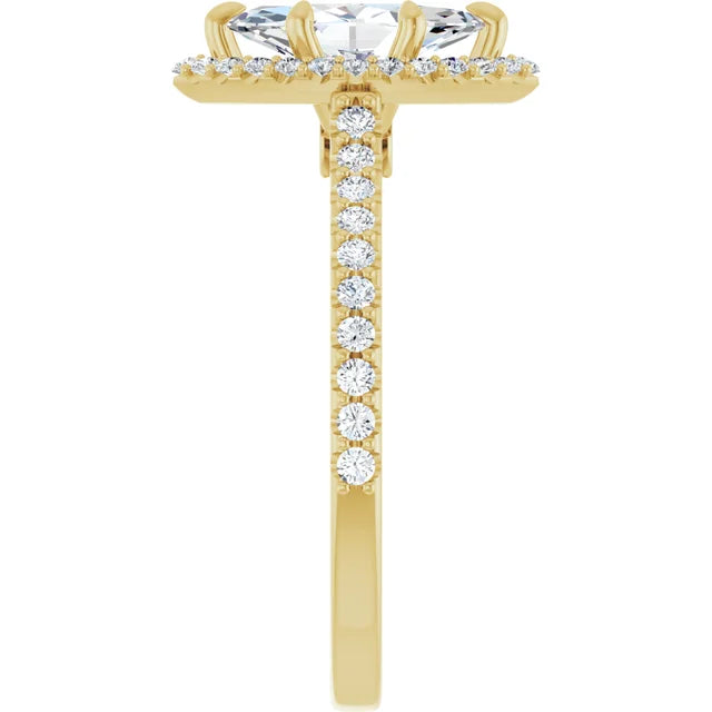 Halo Style Accented Marquise Diamond Engagement Ring on yellow gold showing diamond on shank 