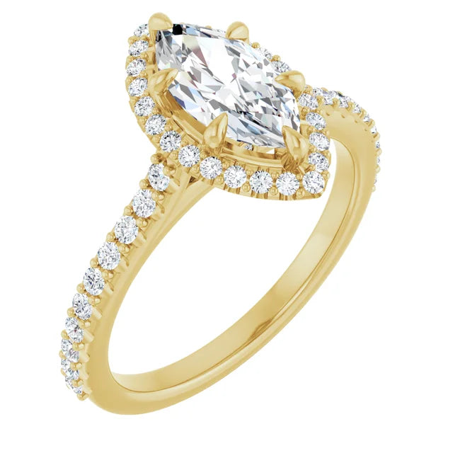 Halo Style Accented Marquise Diamond Engagement Ring on yellow gold sideway picture 