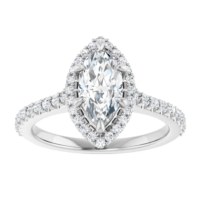 1 1/3 CTW Halo Style Accented Marquise Diamond Engagement Ring on white gold showing center stone 