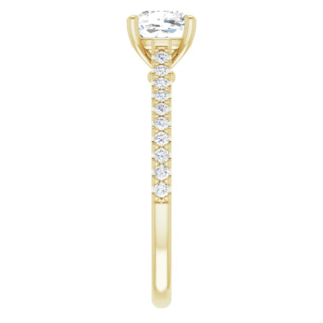 accented shank cushion diamond engagement Ring for women yellow gold showing diamond on shank