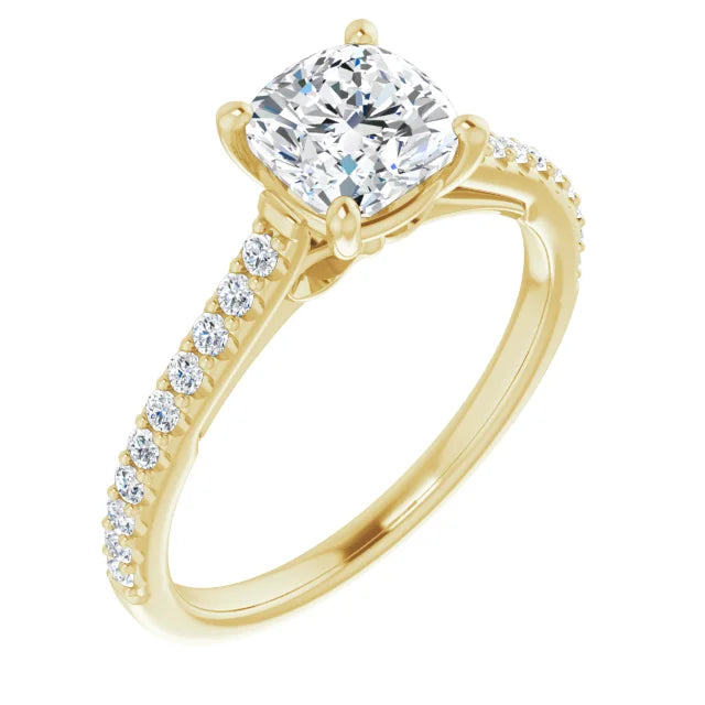 accented shank cushion diamond engagement Ring for women 1 CT sideway picture showing center stone and accented shank