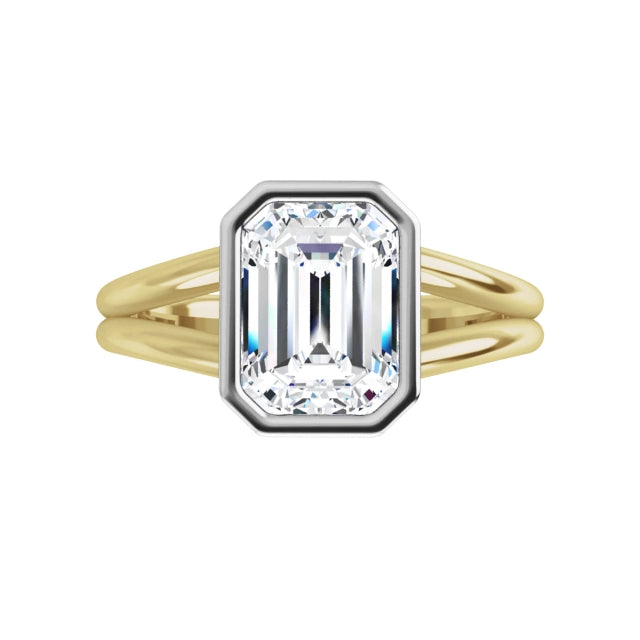 360 for 2 CT Bezel Set Emerald Cut Lab Grown Diamond Solitaire Engagement Ring For Women on Yellow and white gold 