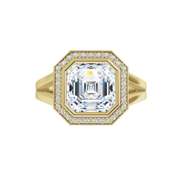 360 Video for 2 CT Bezel set Halo Style Asscher Diamond Engagement Rings for Women on yellow gold 