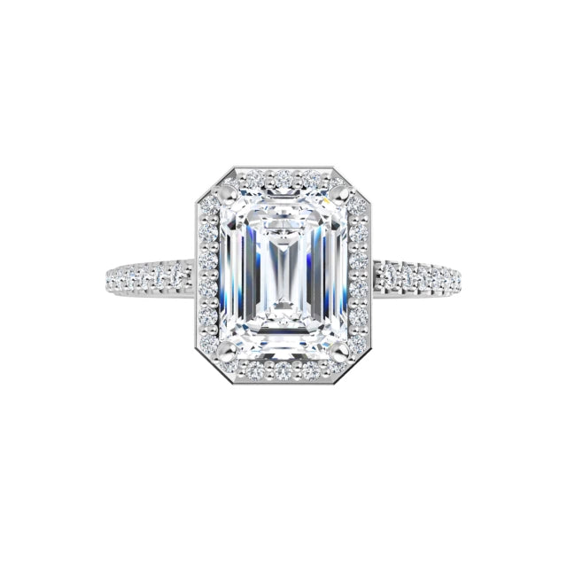 360 Video for Halo Style Emerald Cut Diamond Engagement Ring for women on white gold 