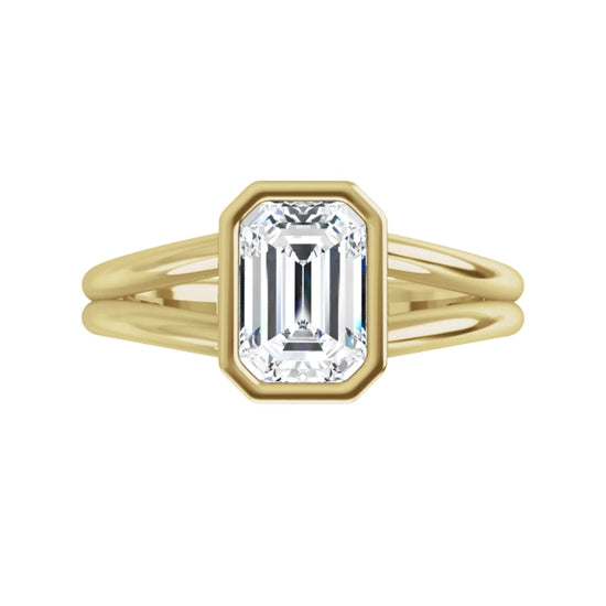 Bezel Set Emerald Cut Lab Grown Diamond Solitaire Engagement Ring For Women