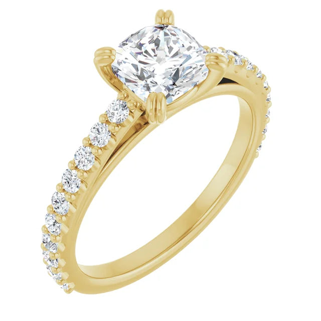 1 CT Accented Shank Cushion Solitaire Diamond Engagement Ring for women yellow gold sideway picture showing diamond on the shank and showing center stone