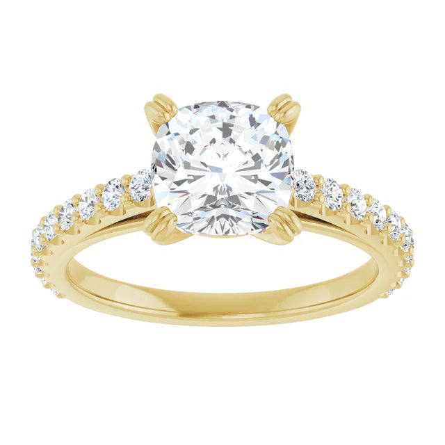 2 CT Accented Shank Cushion Solitaire Diamond Engagement Ring for women on yellow gold